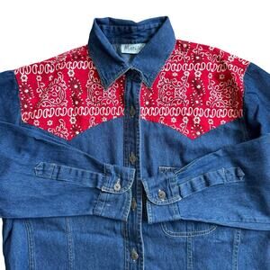 Vintage Paisley Denim Western Button Down Shirt Red Handkerchief Print M